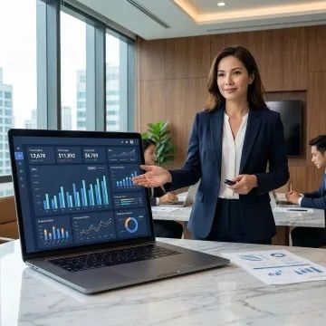 Konsult presenterar affärsdiagram på laptop för ett team